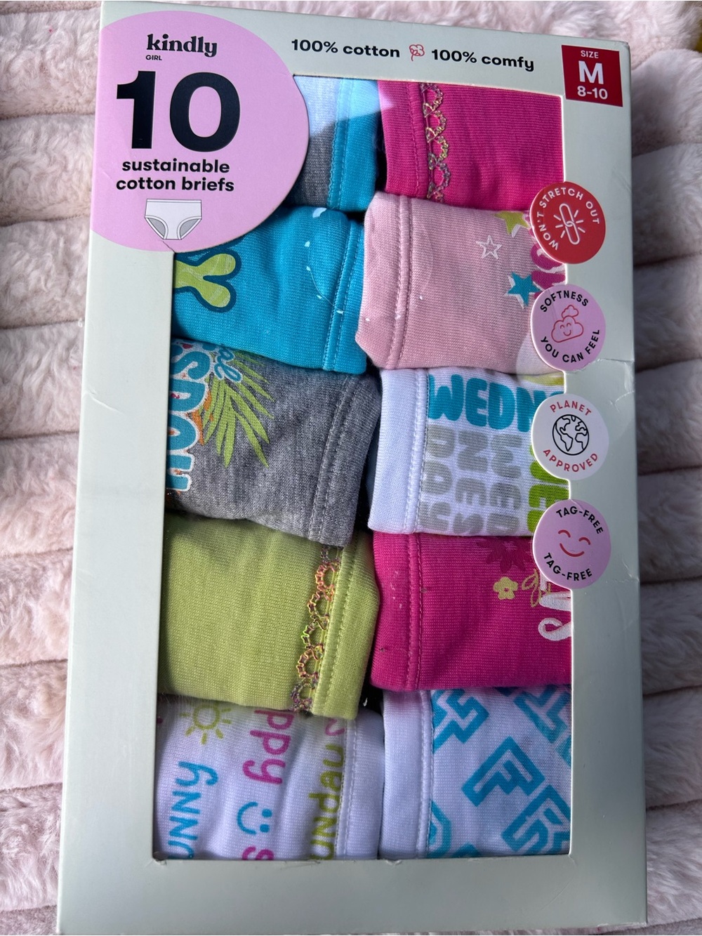 Kindly Girls' 10-Pack Cotton Briefs – Mixed Pink, Blue, Gray, Green, White